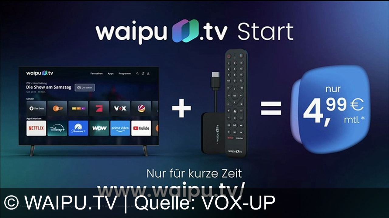 TV Werbung waipu.tv - waipu.tv Start: Fernsehen, Mediatheken und Streaming in einem – mit Netflix, Disney+, Prime Video & YouTube. Über 200 Sender & Apps, alles auf einen Klick. Jetzt für nur 4,99 € im Monat!