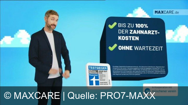 TV Werbung maxcare - Maxcare Zahnzusatzversicherung übernimmt bis zu 100% der Zahnarztkosten für Implantate, Wurzelbehandlungen, Füllungen und Zahnreinigung. Testsieger ohne Wartezeit. Jetzt auf Maxcare.de absichern.