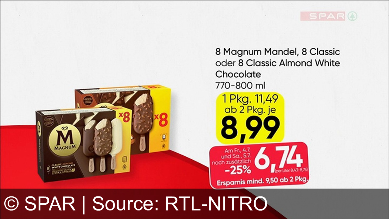 TV Werbung spar - So spart Österreich. Mit minus 25 Prozent auf alle Tiefkühlprodukte inklusive Eis. Zum Beispiel Eskimo Magnum Mandl. Classic oder Classic Almond White Chocolate. Darum kostet die Packung ab zwei Stück nur noch 6,74.