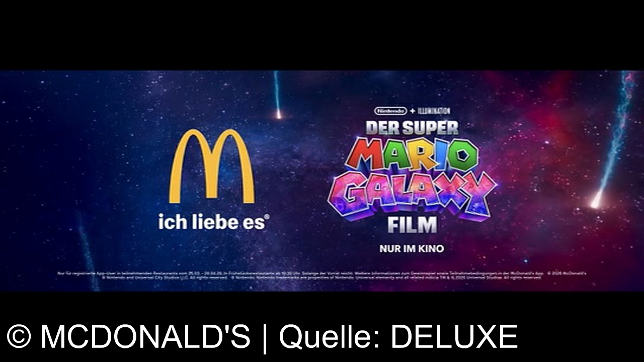 TV Werbung mcdonald's - Entdecke neue Galaxien bei McDonald's mit dem exklusiven Super Mario Film Menü. Sammle eine von vier goldenen Münzen oder gewinne mit der roten Münze eine Reise zum Universal Orlando Resort. Ich liebe es.
