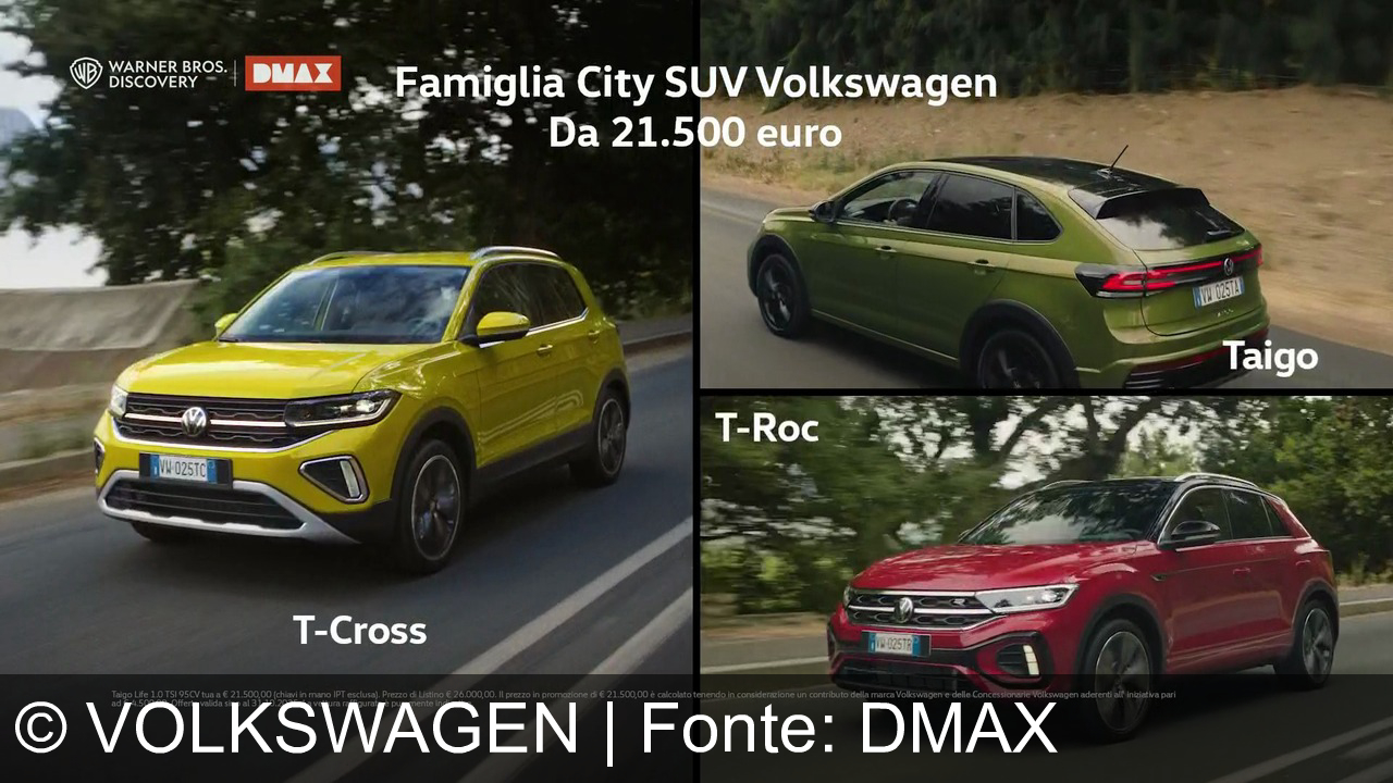 TV Werbung volkswagen - Scopri la versatilità della famiglia City SUV Volkswagen: Taigo, T-Roc, T-Cross. Comfort, stile e avventura, con te e il tuo amico a quattro zampe. Da soli 21.500 euro!