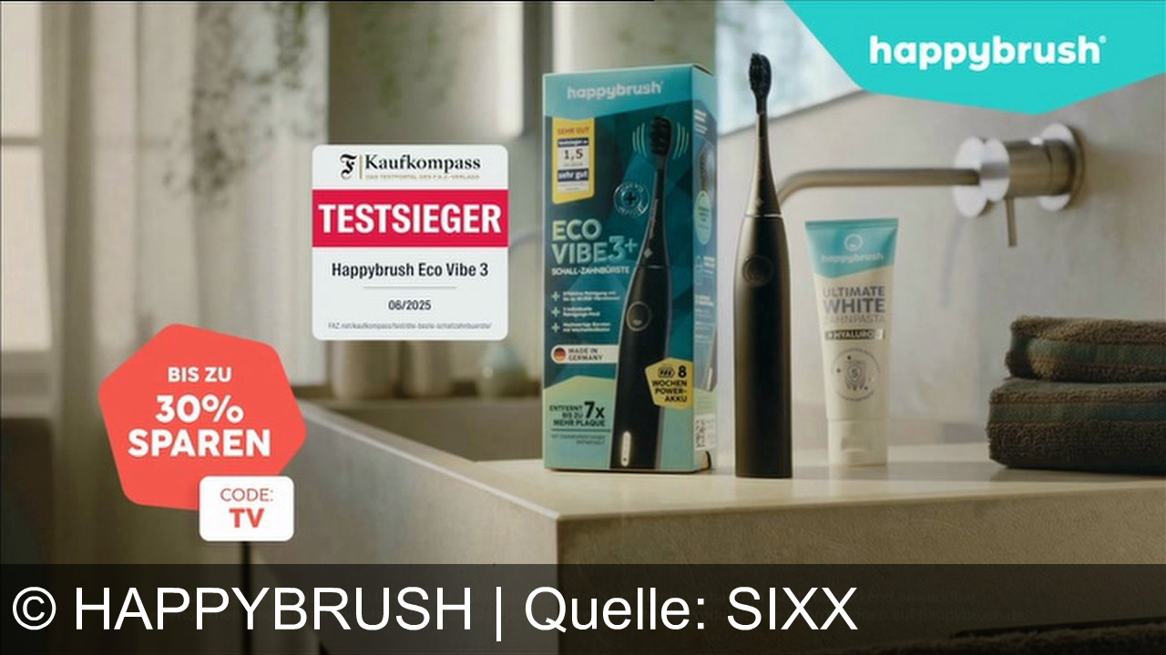 TV Werbung happybrush - Happybrush Eco Vibe 3: Testsieger mit 7× mehr Plaque-Entfernung und bis zu 8 Wochen Akku. Jetzt entdecken und bis zu 30 % auf happybrush.de sparen!