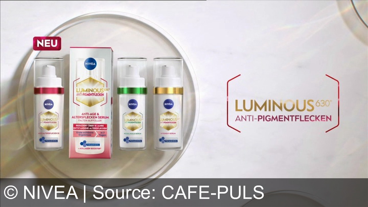 TV Werbung nivea - Besorgt über Anzeichen von Hautalterung und dunkle Flecken? Bekämpfen Sie sie mit dem neuen Nivea Luminous Anti-Age und Spot Serum. Die Formel mit patentiertem Tiamidol und Kollagenbooster wirkt auf zellulärer Ebene, um über 10 Jahre entstandene Altersflecken zu reduzieren. Sie füllt selbst tiefe Falten und festigt die Haut. Vertrauen Sie auf die Anti-Spot-Wirkung von Luminous. Es funktioniert!