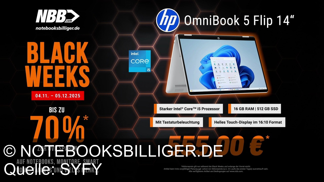 TV Werbung notebooksbilliger.de - Black Weeks bei notebooksbilliger.de: HP OmniBook 5 Flip 14 mit Intel Core i5, 16GB RAM, 512GB SSD – jetzt für nur 555 €! Bis zu 70 % sparen – nur solange der Vorrat reicht!