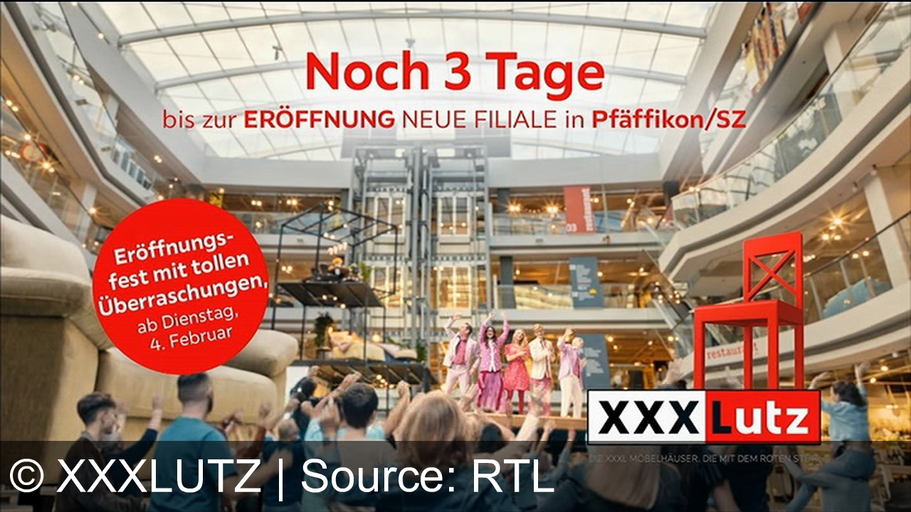 TV Werbung xxxlutz - Erlebe die Eröffnung der neuen XXXLutz-Filiale in Pfäffikon/SZ! Nur noch 3 Tage bis zum großen Fest mit tollen Überraschungen. Sei dabei und entdecke die Möbelhäuser mit dem roten Stuhl!