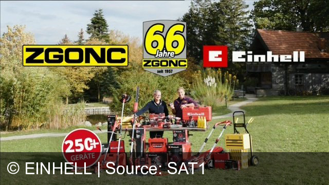 TV Werbung einhell - Zgonc wirbt zusammen mit Einhell für: Akku-Sense, Akku-Rasenmäher, Akku-Gras/strauchschere. Ein Akku für über 250 Geräte.