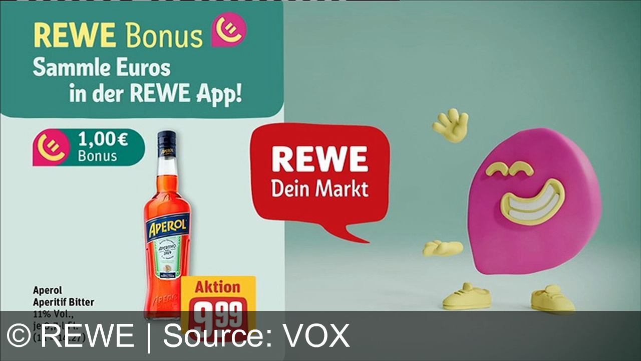 TV Werbung rewe - Genieße Maggi 5 Minuten Terrine für nur 79 Cent und sammle Euros mit der REWE App! Hol dir Aperol Bitter für 9,99 Euro und profitiere vom REWE Bonus. REWE – Dein Markt für Genuss und Sparen!