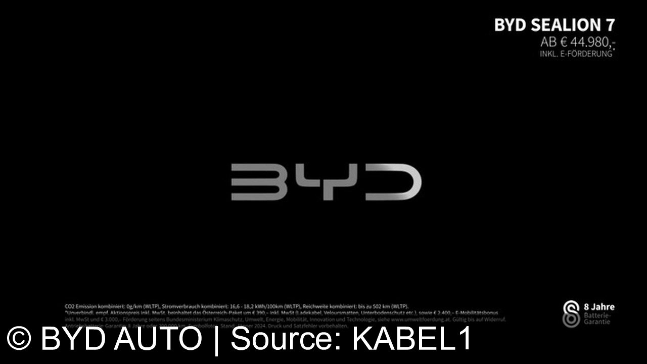TV Werbung byd auto - BYD wirbt in Österreich mit: Erlebe die Zukunft mit dem BYD Sealion 7: Elektrisch, stilvoll und nachhaltig. Fahrspaß ohne Emissionen, bis zu 502 km Reichweite. BYD - Build your dreams. Ab €44.980,- inkl. E-Förderung. Leistbare E-Mobilität zum Preis eines Verbrenners.