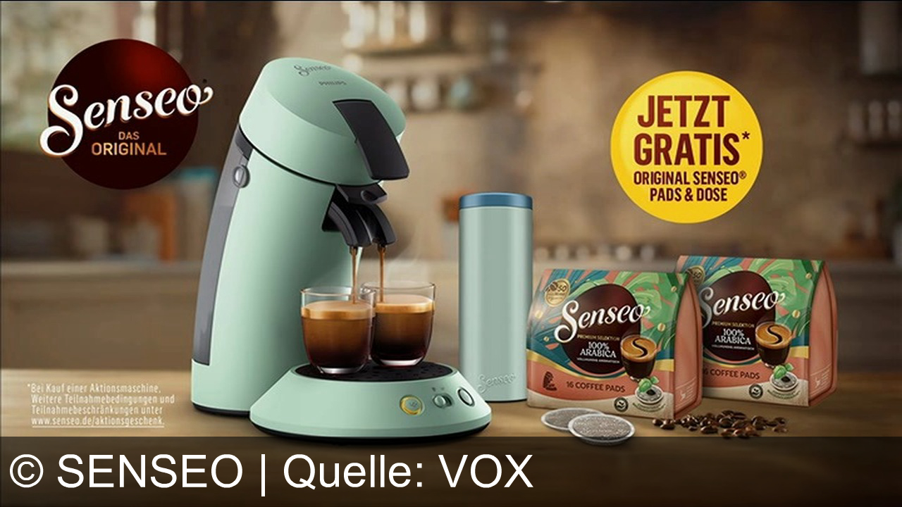TV Werbung senseo - Einfach guter Kaffee. Dank des Original Senseo Pads mit 50 fein gemahlenen Bohnen. Einfach auf Knopfdruck die samtige Crema und den intensiven Geschmack genießen. Senseo. Einfach guter Kaffee. Jetzt gratis Original Senseo Pads und Paddose beim Kauf einer Aktionsmaschine sichern.