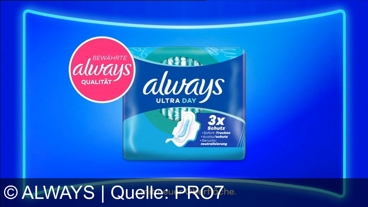TV Werbung always - Always Ultra Day – bewährte Always-Qualität jetzt noch weicher und saugfähiger für 3x Schutz, Sofort-Trockenheit und Geruchsneutralisierung. Fühl dich sicher, frisch und selbstbewusst!