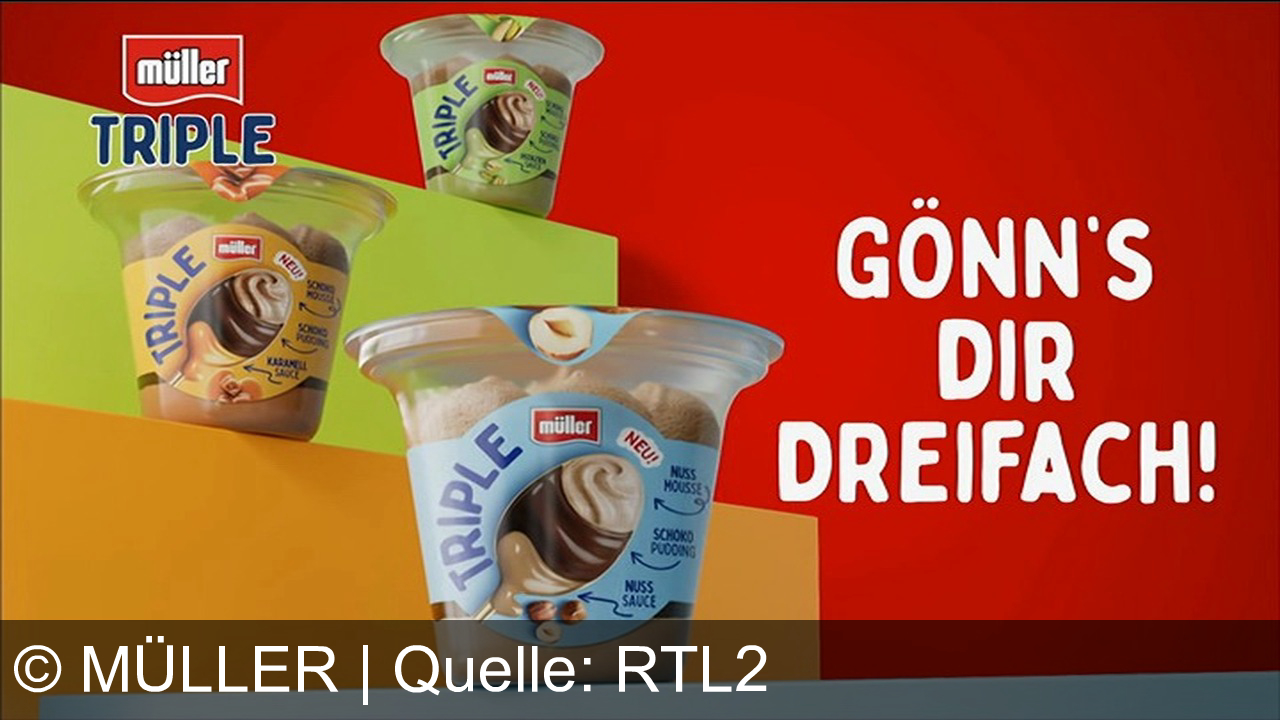 TV Werbung müller - Neu von Müller: Entdecke Müller Triple mit cremiger Nusssoße, Schokopudding und feinem Nussmousse. Dreimalig lecker – gönn's dir dreifach!
