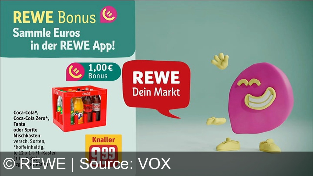 TV Werbung rewe - Sichere dir den Sensationspreis bei REWE: Grüne Kiwi für nur 0,29 € und erfrischende Getränke wie Coca-Cola & Fanta im Mischkasten für 9,99 €. Sammle Euros mit der REWE-App! REWE. Dein Markt.