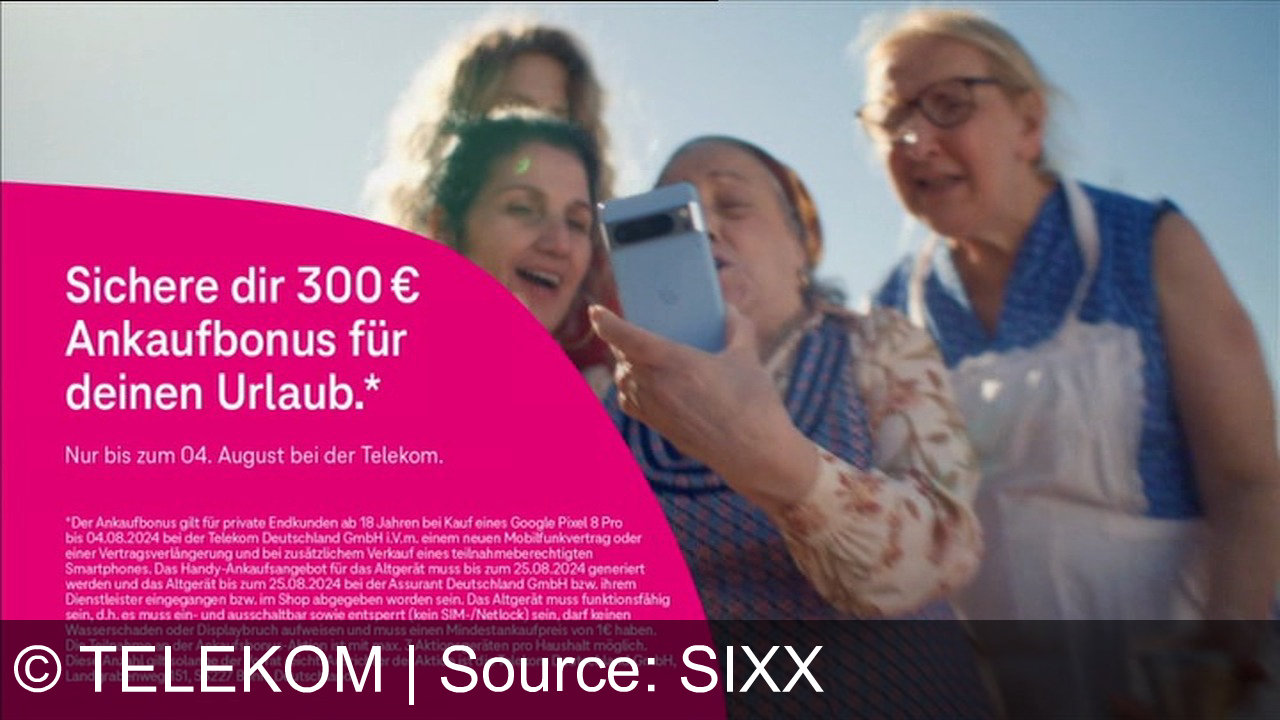 TV Werbung telekom - Sichere dir 300 € Ankaufbonus beim Kauf eines Google Pixel 8 Pro bei der Telekom bis zum 04.08.2024. Gilt für private Endkunden ab 18 Jahren mit neuem Mobilfunkvertrag und Verkauf eines alten Smartphones.