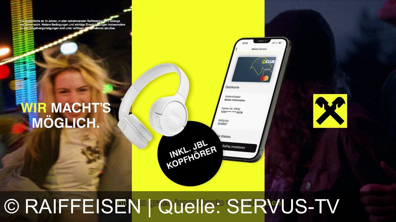 TV Werbung raiffeisen - Jung sein, mehr erleben: Mit dem gratis Raiffeisen‑Jugendkonto und coolen JBL Kopfhörern startest du durch – deine Zukunft, dein Sound, dein Moment.