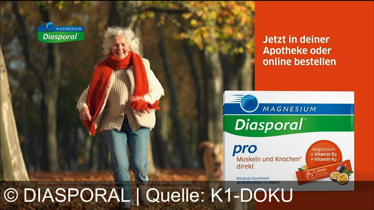 TV Werbung diasporal - Diasporal bietet eine starke Kombination aus Magnesium und Vitamin D3 für Muskeln, Knochen und Immunsystem. Erhältlich als Maracuja-Direktstick oder Zwei-Phasen-Tablette. Jetzt in Apotheken oder online.