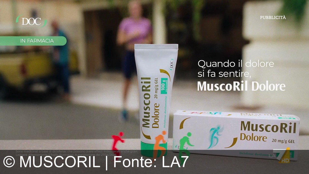 TV Werbung muscoril - Quando il dolore si fa sentire, scegli MuscoRil Dolore con Diclofenac: doppia azione contro infiammazione e dolore articolare e muscolare. In farmacia, solo su LA7 HD!