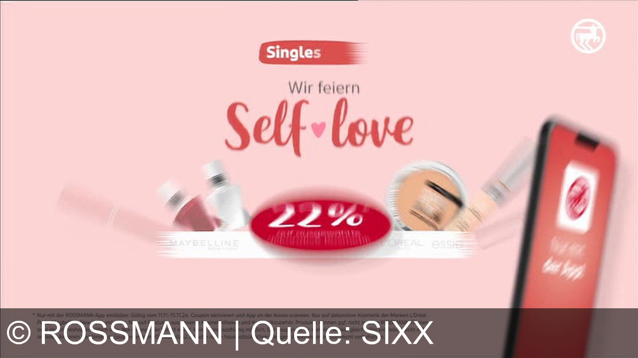 TV Werbung rossmann - Spare 10% bei Rossmann mit der App auf alles, inkl. Lenor und Nivea Angebote. Singles Week: 22% Rabatt auf Maybelline, L'Oréal, essie Kosmetik, nur mit App vom 11.11. bis 15.11.24. Nur solange Vorrat.