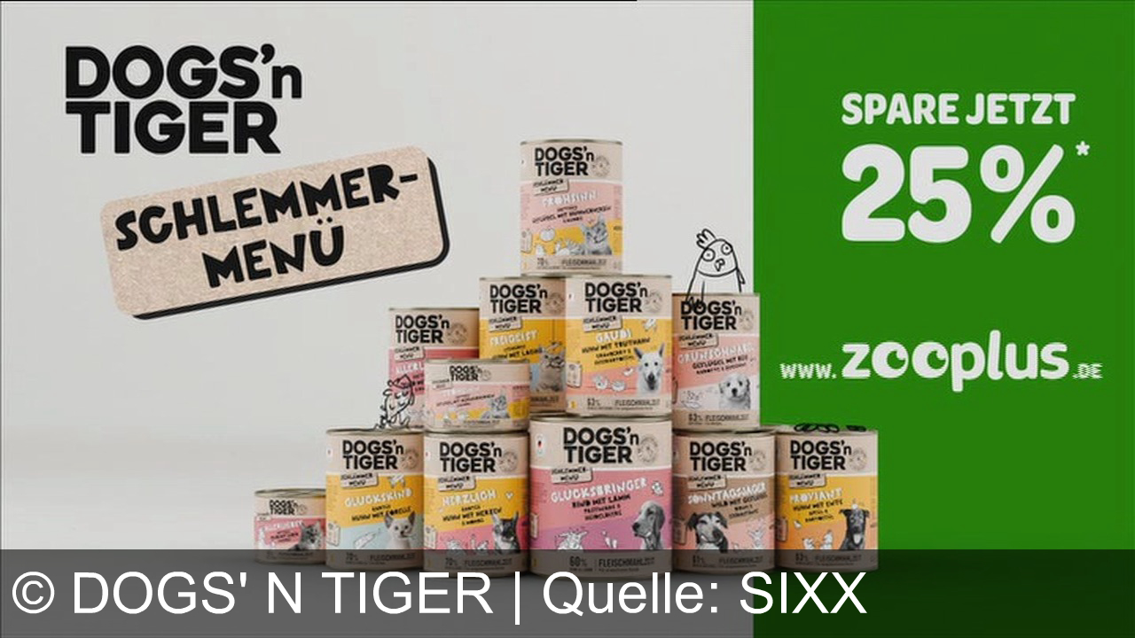 TV Werbung dogs' n tiger - DOGS'n TIGER bietet Schlemmer-Menüs mit frischem Fleisch, Obst und Gemüse, entwickelt mit Tierärzten. Super lecker und verträglich. Jetzt 25% sparen bei Zooplus.