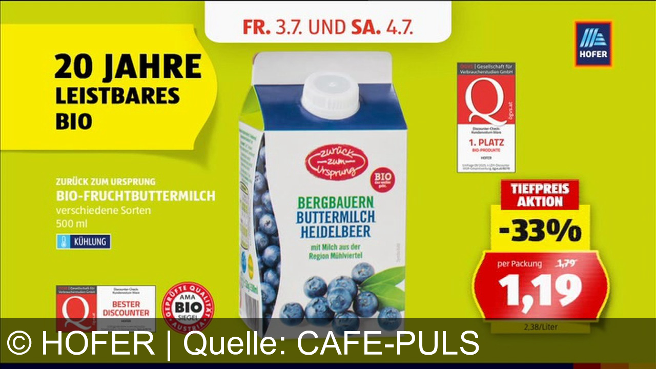 TV Werbung hofer - 20 Jahre leistbares Bio: Zurück zum Ursprung Bio-Fruchtbuttermilch von Hofer – nur 1,19€ für 500 ml. Freitag und Samstag sparen!