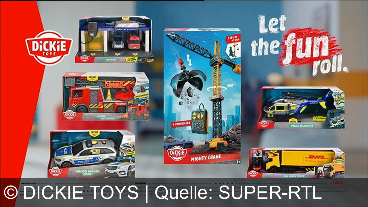 TV Werbung dickie toys - Action-Helden aufgepasst! Steuere Fahrzeuge wie aus dem echten Leben! Erlebe eine wilde Verfolgungsjagd, lösche Brände beim Feuerwehreinsatz und werde zum Kranführer auf der Großbaustelle mit den echt starken Fahrzeugen von Dickie Toys!