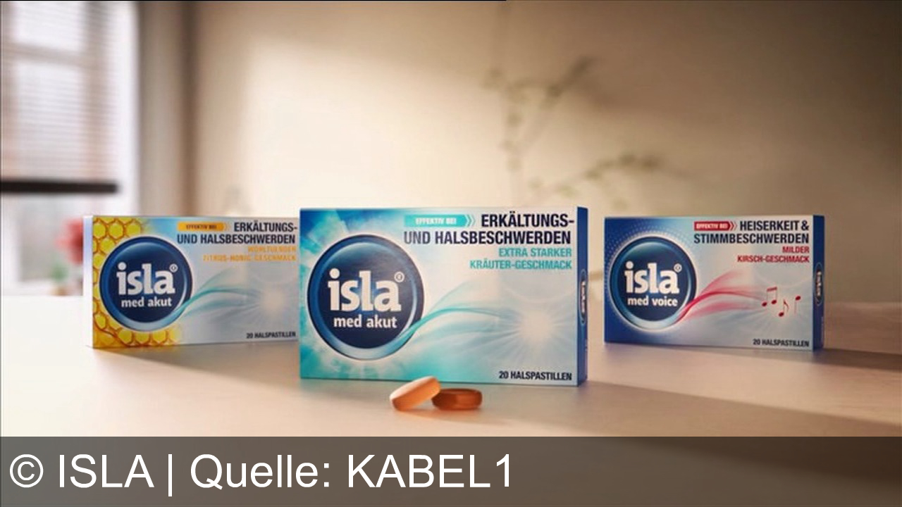 TV Werbung isla - Isla Med – bei Erkältung und Halsbeschwerden: Akut, Voice, Extra Stark. Für meine Stimme, meinen Hals, mein Wohlgefühl – Isla Med.