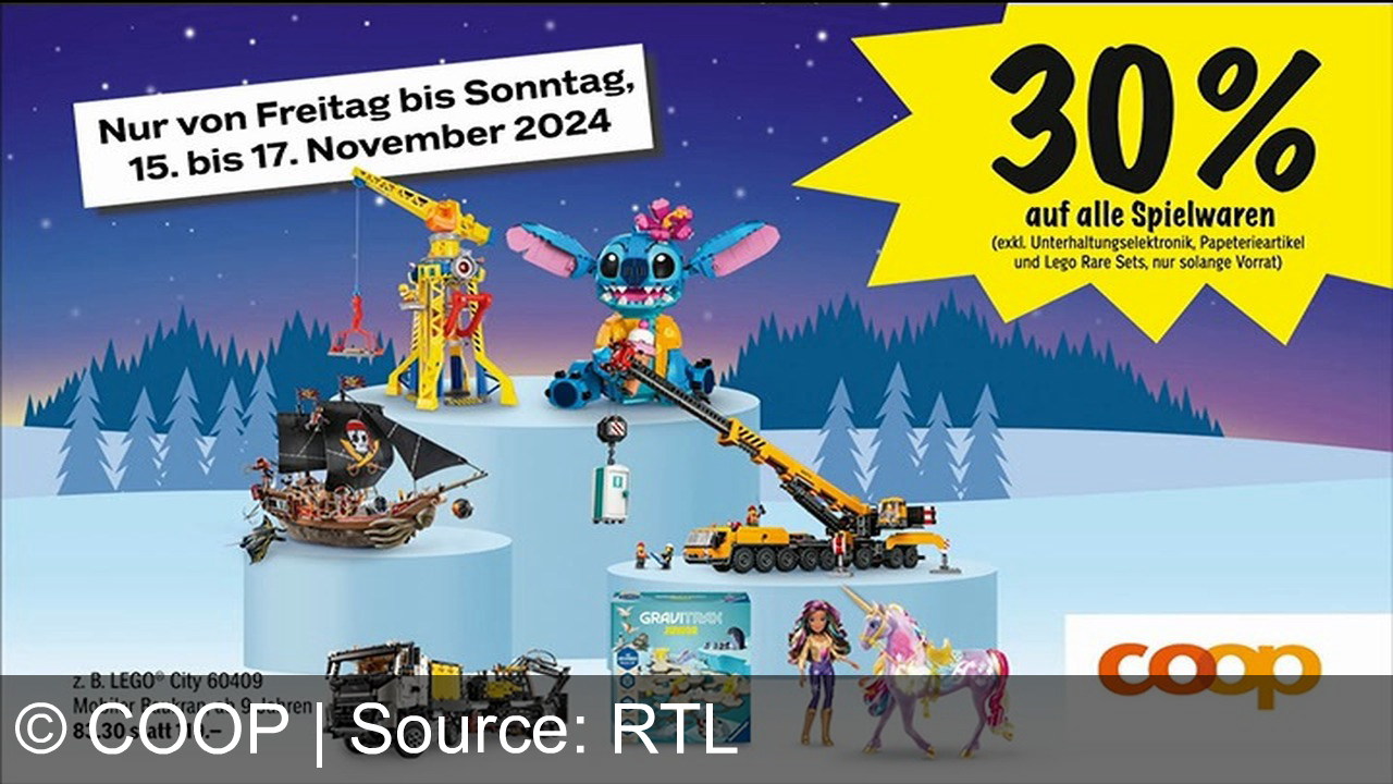 TV Werbung coop - Coop bietet wöchentlich Rabatte: 50% auf Rioja Reserva Cune, 40% auf Gopro Glitting Block und 30% auf Spielwaren, außer Elektronik und Lego Rare Sets, vom 15.-17. November 2024.