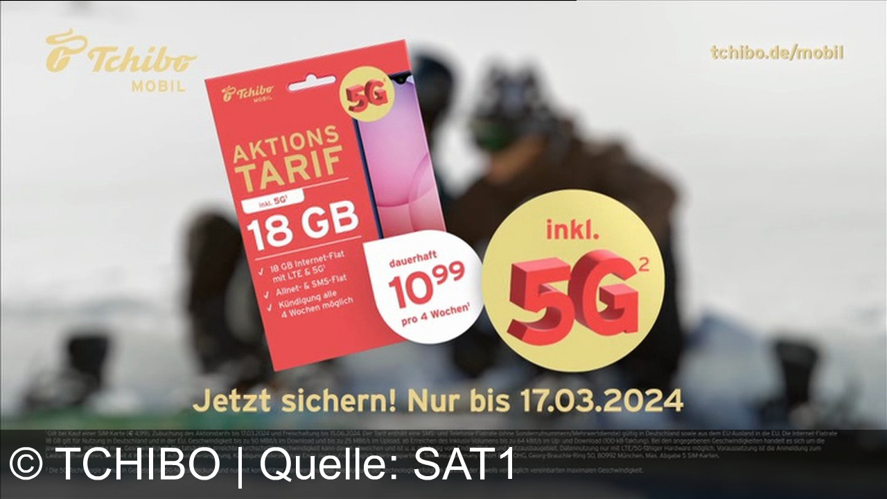 TV Werbung tchibo - Tchibo mobil Winteraktion: 18 GB LTE & 5G Internet-Flat für 10,99€/4 Wochen, inkl. SMS- & Telefonie-Flat in DE/EU. Bis 17.03.2024 buchbar, Kündigung 4-wöchentlich. Infos: tchibo.de/mobil.