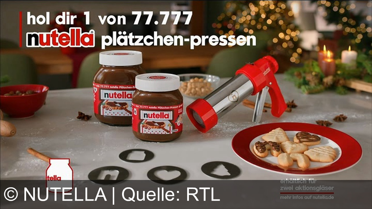 TV Werbung nutella - Teile Nutellaliebe mit der Nutella Plätzchenpresse! Sichere dir eine von 77.777 Pressen, erhältlich mit zwei Aktionsgläsern. Promo-Codes in jedem Glas. Mehr Infos auf nutella.com.