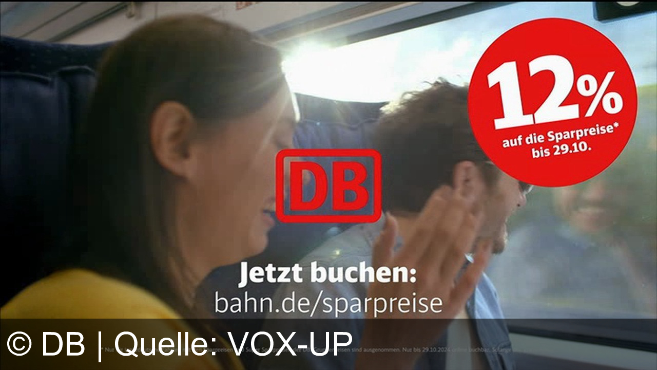 TV Werbung db - Sichern Sie sich bis zum 29. Oktober 12% Extra-Rabatt auf Sparpreise der Deutschen Bahn. Buchen Sie bis zu 12 Monate im Voraus für innerdeutsche Reisen unter bahn.de/sparpreise.