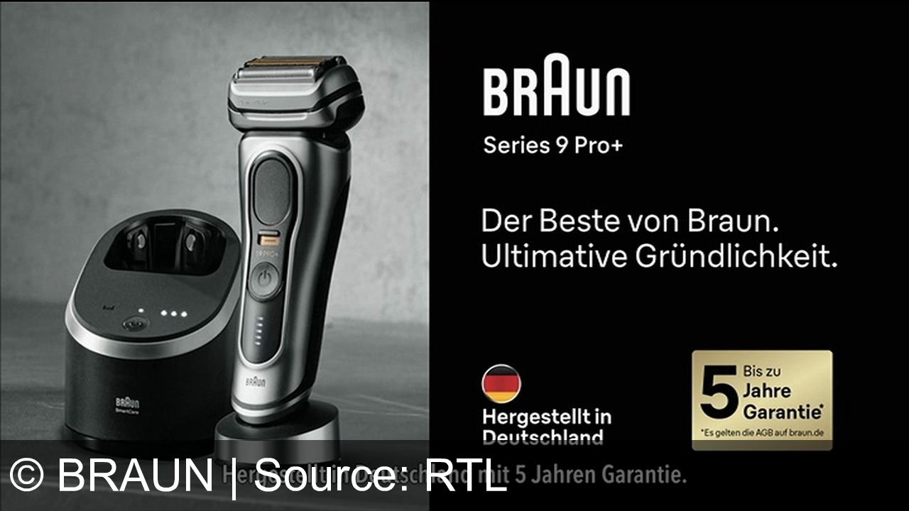 TV Werbung braun - Der beste Rasierer von Braun, der Series 9 Pro Plus mit Reinigungsstation. Ultimativ gründlich, egal ob 1-, 3- oder 7-Tage-Bad. Für eine spürbar glatte Haut. Der Braun Series 9 Pro Plus, hergestellt in Deutschland, mit 5 Jahren Garantie.